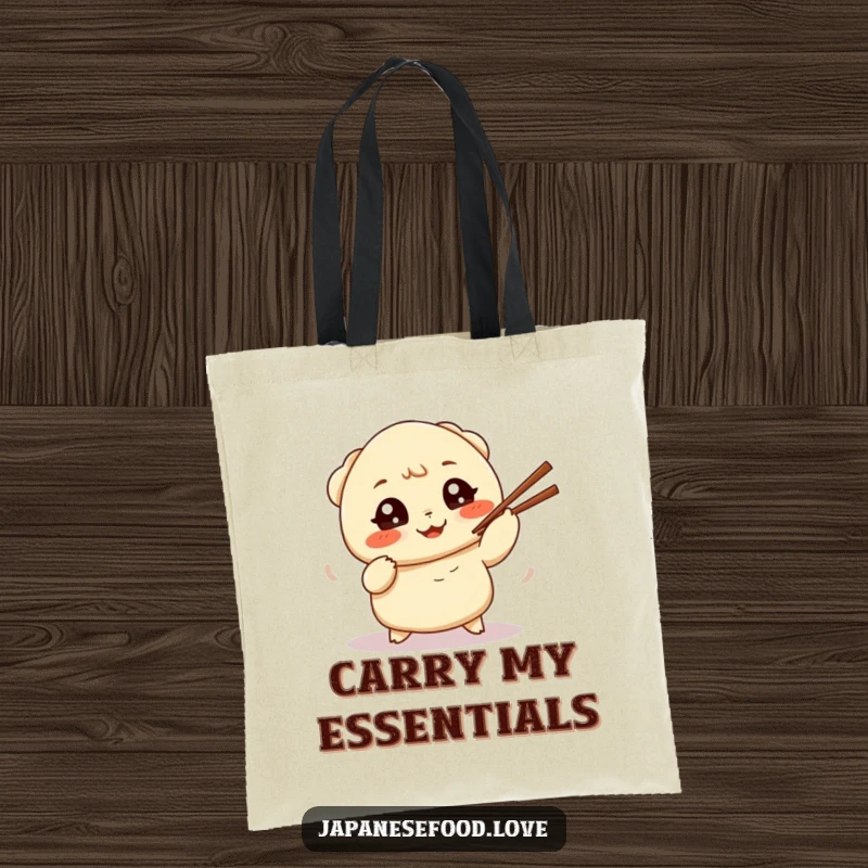 Funny tote bag with a determined dumpling hilariously trying to juggle chopsticks, showcasing a comical, food-loving personality.