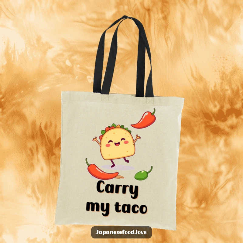 Funny tote bag featuring a happy taco with tiny legs doing a silly jig next to a chili pepper, ideal for grocery runs.