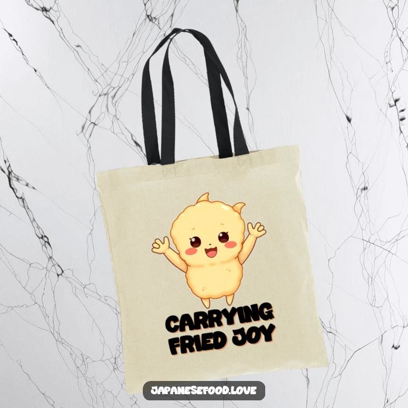 Funny tote bag with a happy tempura piece with little arms waving enthusiastically, a humorous and cheerful food illustration, ideal for a funny gift.