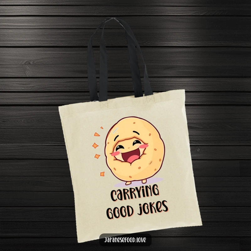 Funny tote bag illustrating a giant fortune cookie character in the midst of a hearty, contagious burst of laughter, spreading joy.