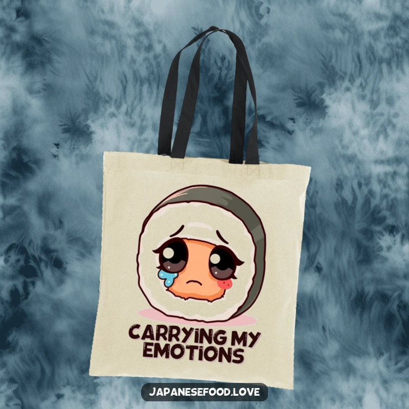 Funny sad cute sushi roll with giant eye wiping a tear on a tote bag, a humorous and relatable accessory.