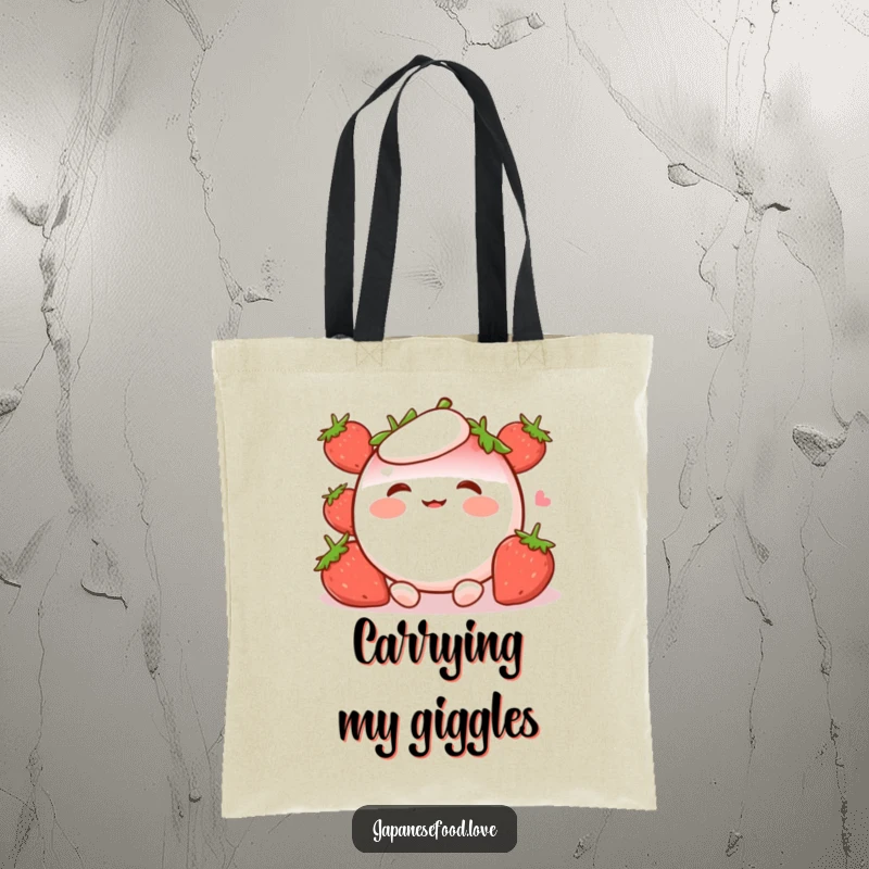 Funny Tote Bag showcasing a delightful strawberry mochi character with rosy cheeks, captured in a moment of pure giggling joy.