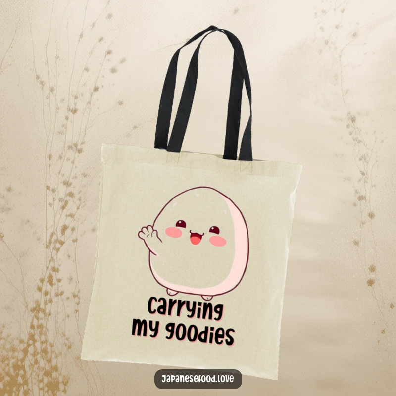 Funny onigiri tote bag featuring a plump rice ball with rosy cheeks, offering a warm and friendly wave.