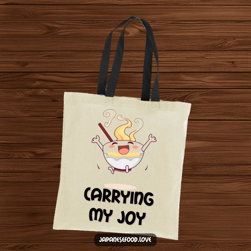 Funny, excited ramen bowl with swirling steam in a joyful leap, printed on a durable tote bag.