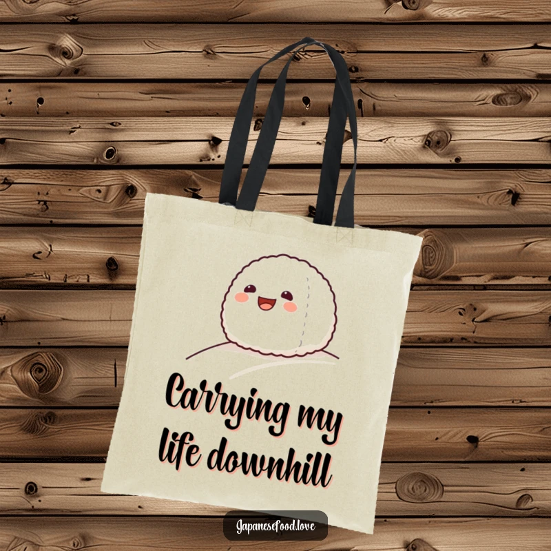 Funny tote bag with a grinning onigiri rice ball character gracefully sliding down a gentle slope, a cute food design.