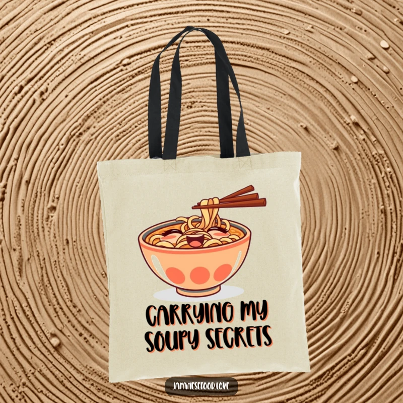 Funny tote bag with a goofy ramen bowl and chopsticks playfully winking, a charming accessory for food lovers.