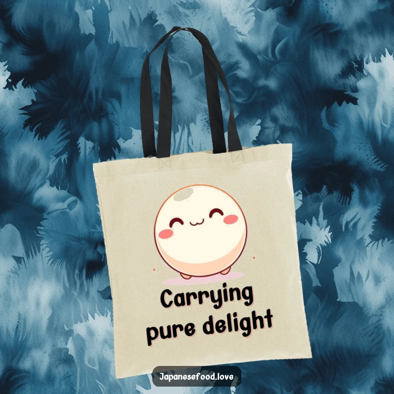Funny tote bag with a giddy mochi ball rolling happily across a surface, perfect for carrying essentials with humor.