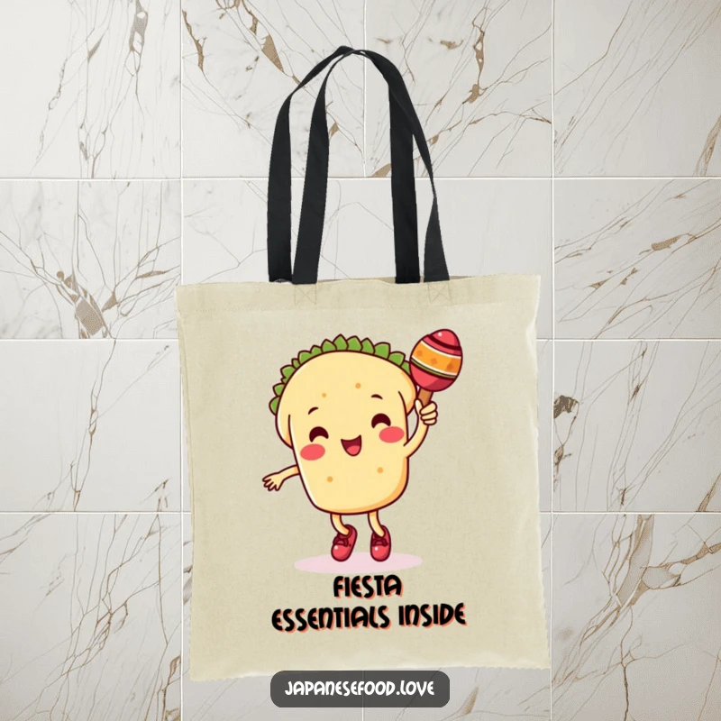 Funny taco tote bag with a cute taco character dancing and shaking a maraca, perfect for carrying items with festive charm.