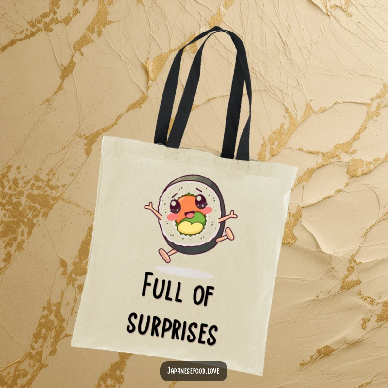 Funny tote bag with a cartoon sushi roll character with googly eyes performing cartwheels, adding a playful touch.
