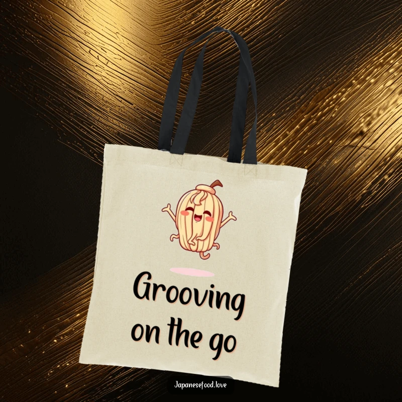 Funny tote bag with a dancing udon noodle character in exaggerated, joyful poses, a fun accessory.