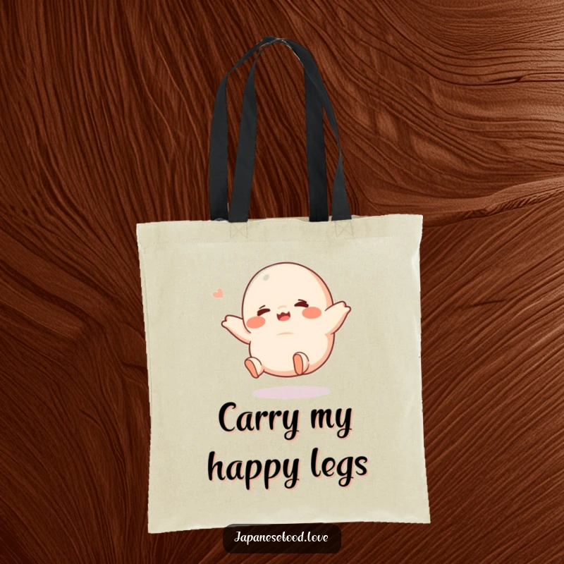 Funny giggle dumpling tote bag, depicting a character with tiny legs joyfully kicking, carrying essentials with humor, an excellent funny gift idea.