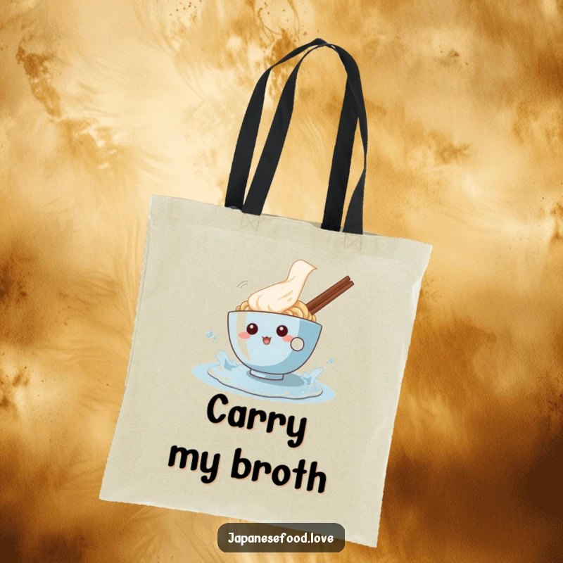 Funny tote bag with a happy ramen bowl character playfully splashing in a puddle, ideal for carrying groceries with a smile.