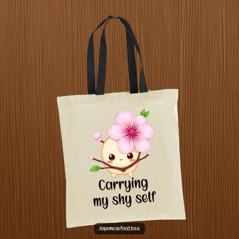 Funny tote bag with a shy mochi character, big eyes peeking from behind a cherry blossom, a cute and humorous illustration, ideal for a funny gift.