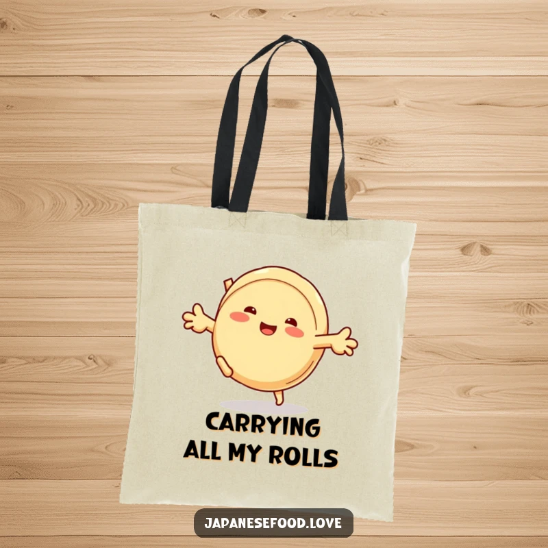 Funny tote bag depicting a grinning steamed bun character enthusiastically doing a cartwheel, perfect for carrying humor and goods.