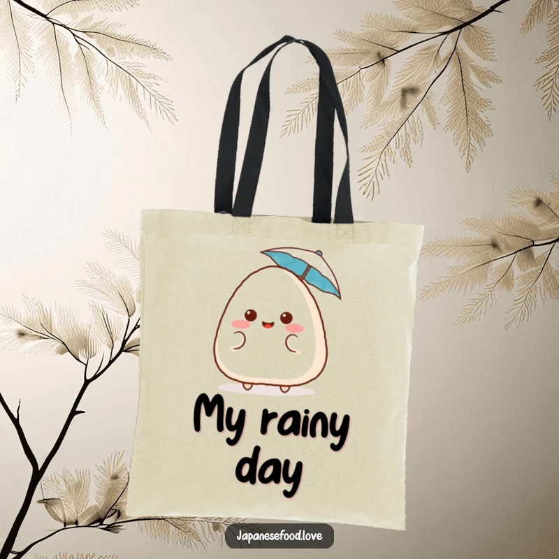Funny surprised onigiri tote bag, showcasing a blushing rice ball holding a tiny umbrella, perfect for carrying essentials with cute humor, a funny gift.