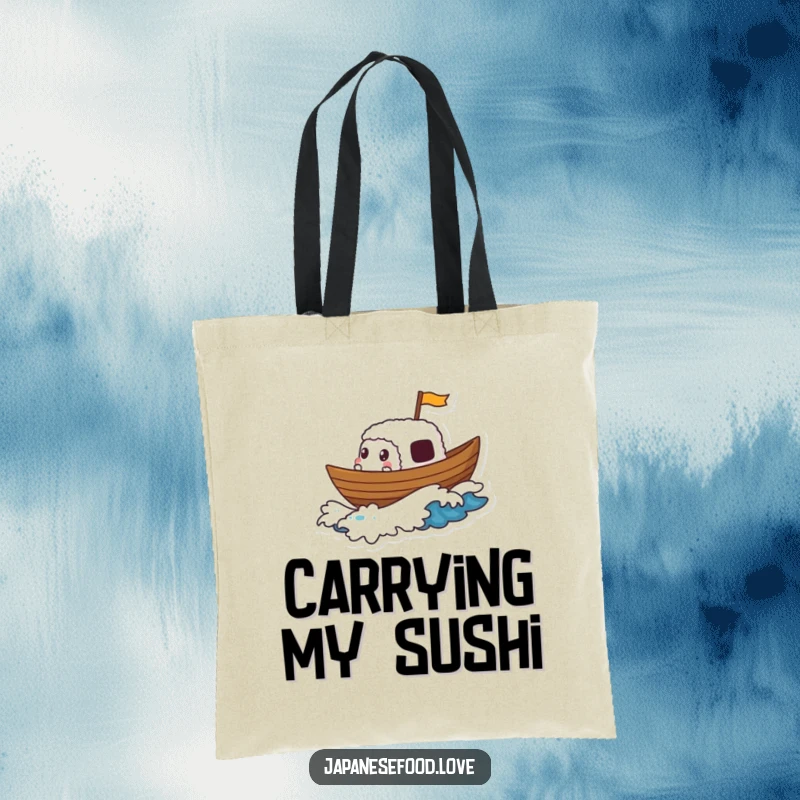 Funny tote bag depicting a sushi boat character gleefully sailing on a tiny wave, a charming accessory for sushi lovers.