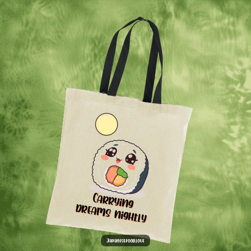Funny Tote Bag with a sushi roll looking up at the moon, perfect for carrying groceries and dreams.