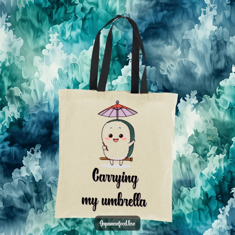 Funny Sushi Umbrella Tote Bag: A grinning sushi character humorously holds a miniature umbrella, ideal for carrying groceries with style.