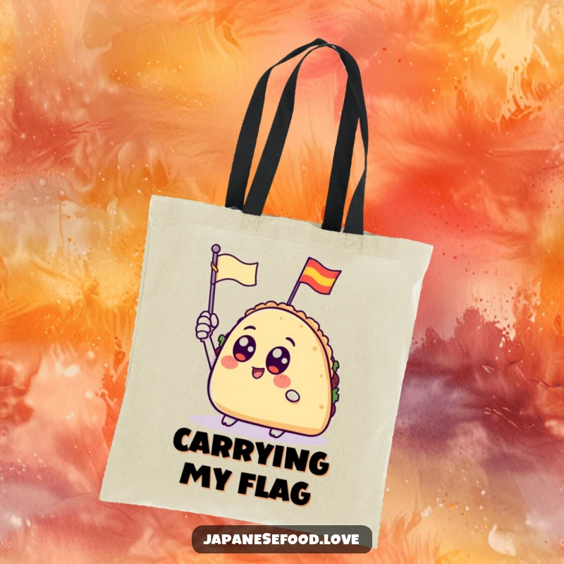 Funny taco with big eyes enthusiastically waving a tiny flag, printed on a durable tote bag.