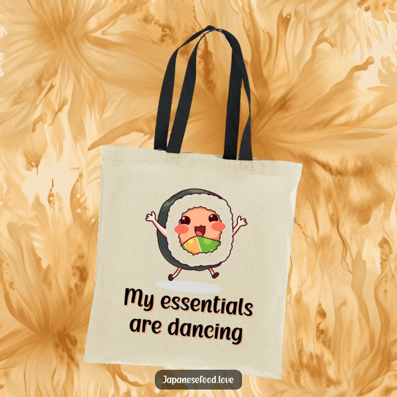 Funny Dancing Sushi Roll Tote Bag: Sushi roll with tiny legs dancing a jig, stylish accessory, food humor, funny gift.