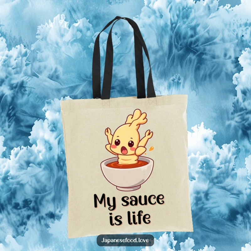 Funny tempura shrimp tote bag, a surprised shrimp leaping from a sauce bowl, a humorous and practical accessory for shoppers.