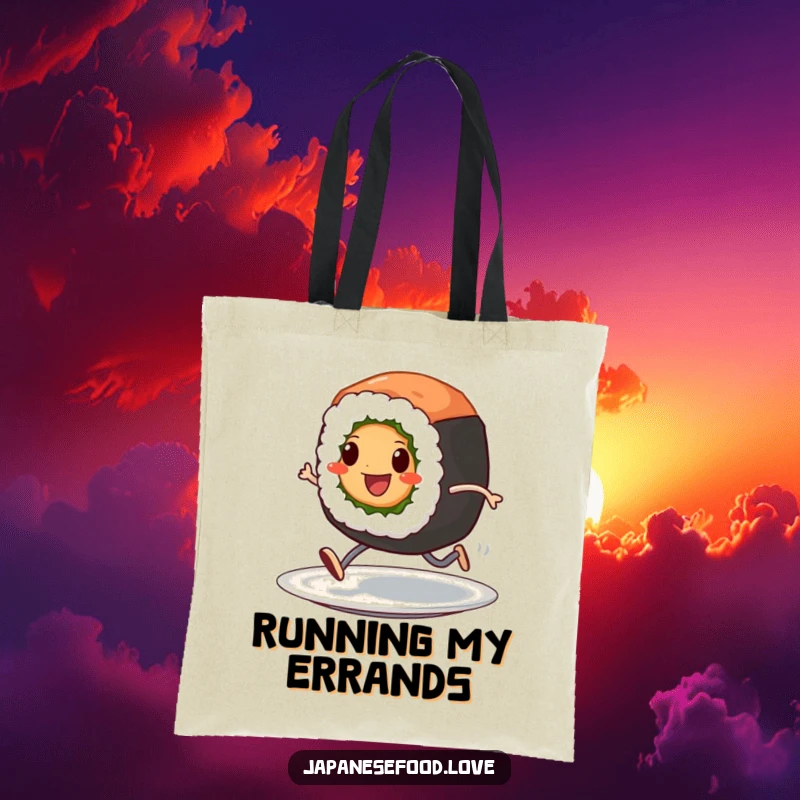 Funny tote bag with a cheerful sushi roll character with tiny legs, sprinting across a plate, a humorous and practical accessory.