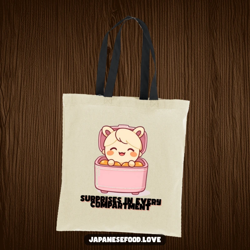 Funny tote bag with a smiling bento box character popping out of its lid with surprise, a cute food accessory.