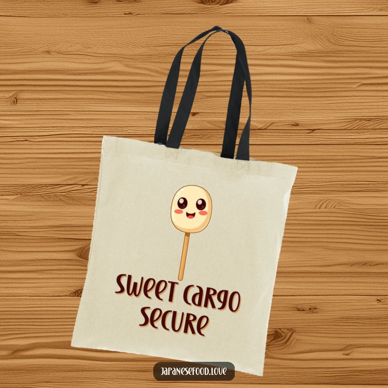 Funny Dango Balance Tote Bag: A happy dango skewer with funny, exaggerated eyes balancing on a utensil.