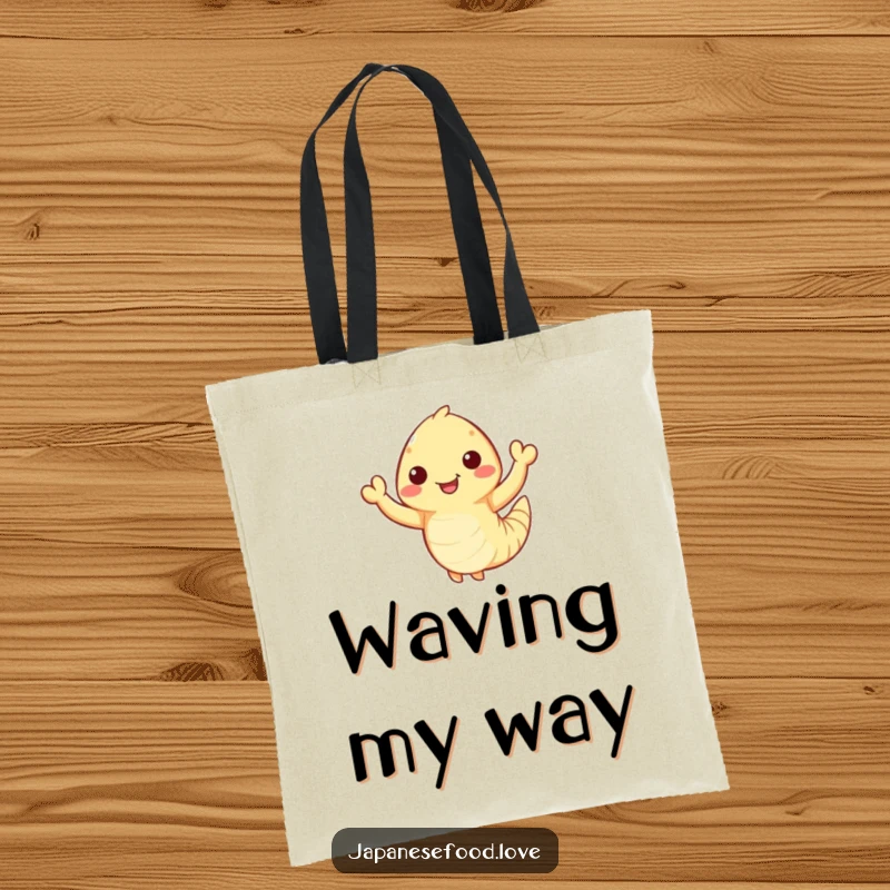 Funny Waving Tempura Shrimp Tote Bag: Happy tempura shrimp with tiny arms waves enthusiastically, stylish bag, seafood humor, funny gift.